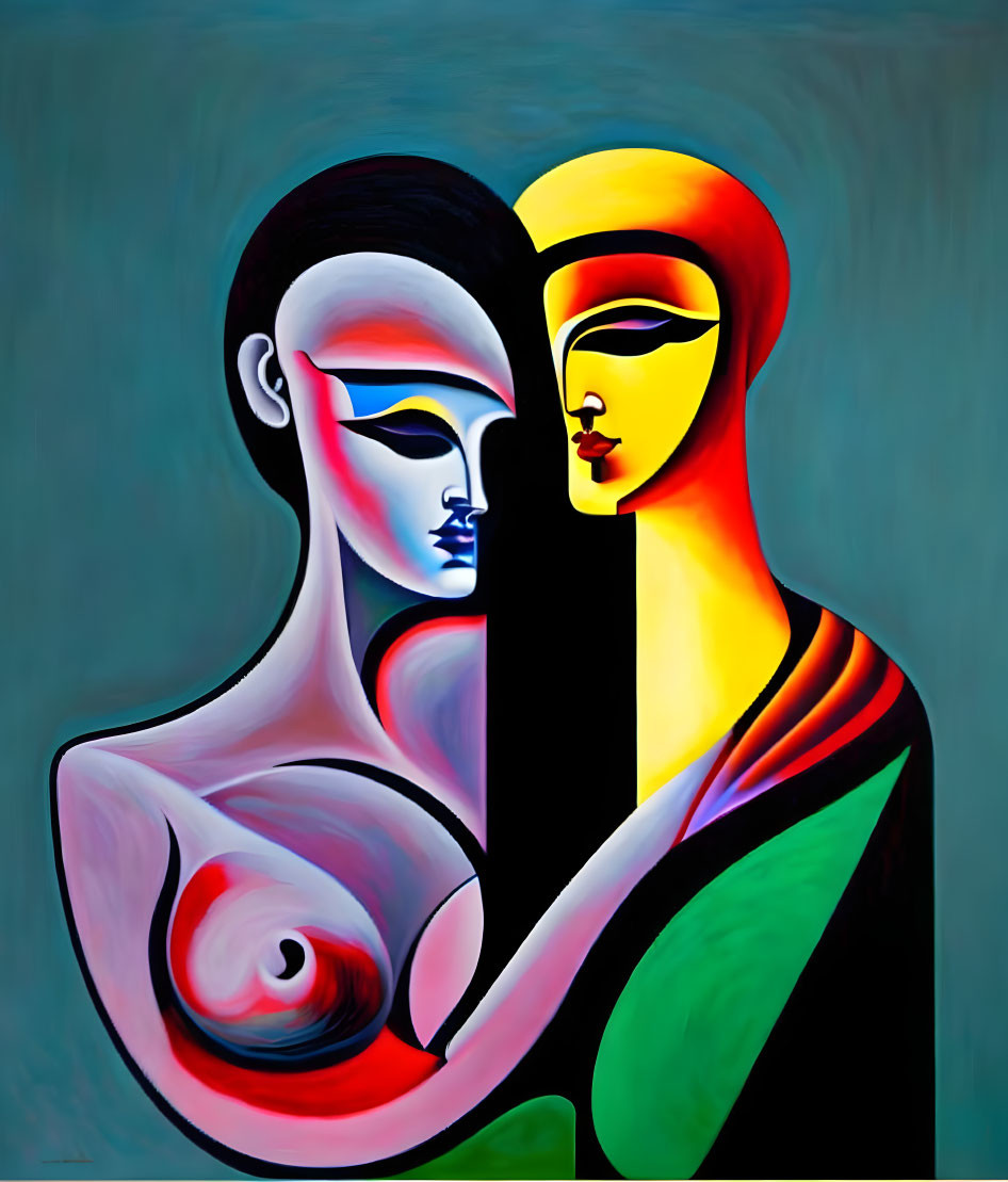 Colorful Abstract Painting of Two Figures Embracing