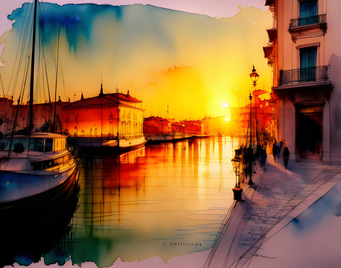 Scenic watercolor illustration: Sunset over harbor with boats, buildings, and people.