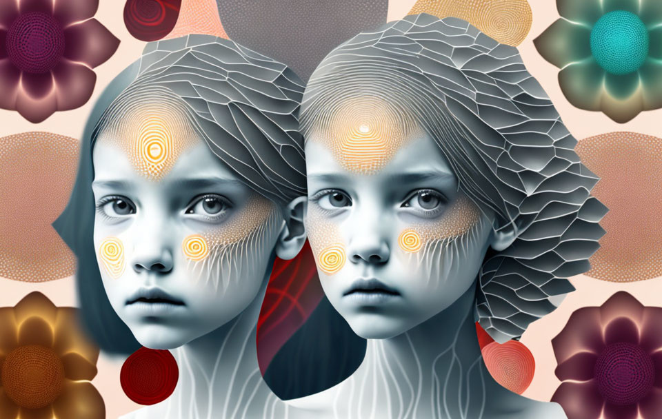 Twin girls digital art with patterned skin & abstract flowers