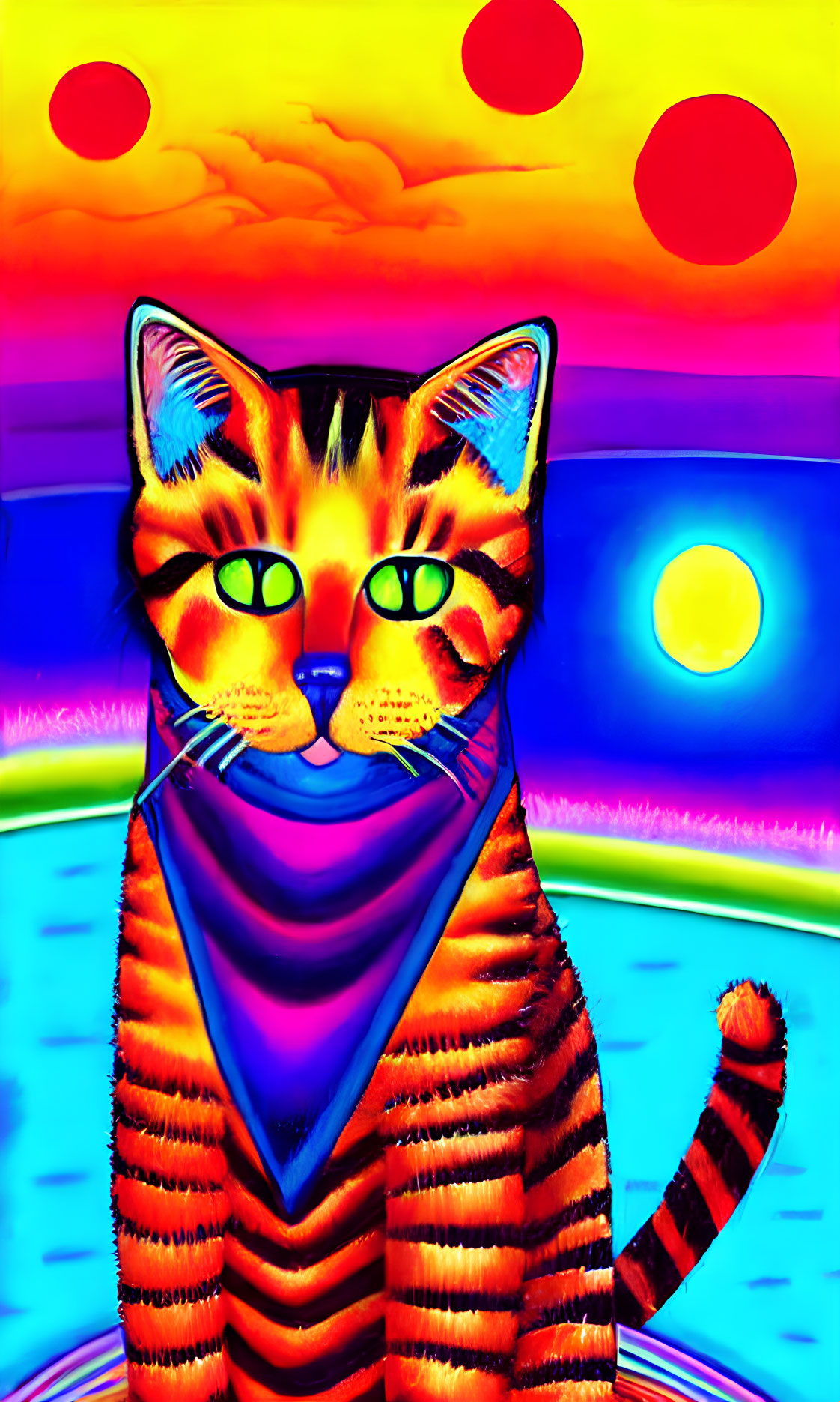 Colorful Psychedelic Cat Art Against Multicolored Skies