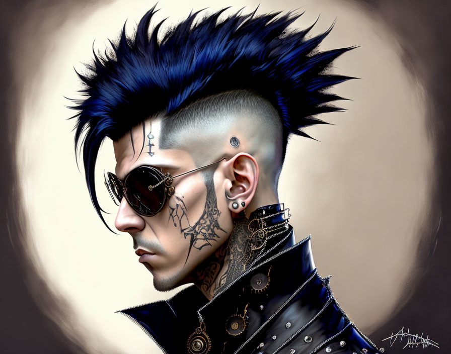 Person with Spiked Blue Mohawk, Tattoos, Piercings, Sunglasses, and Punk