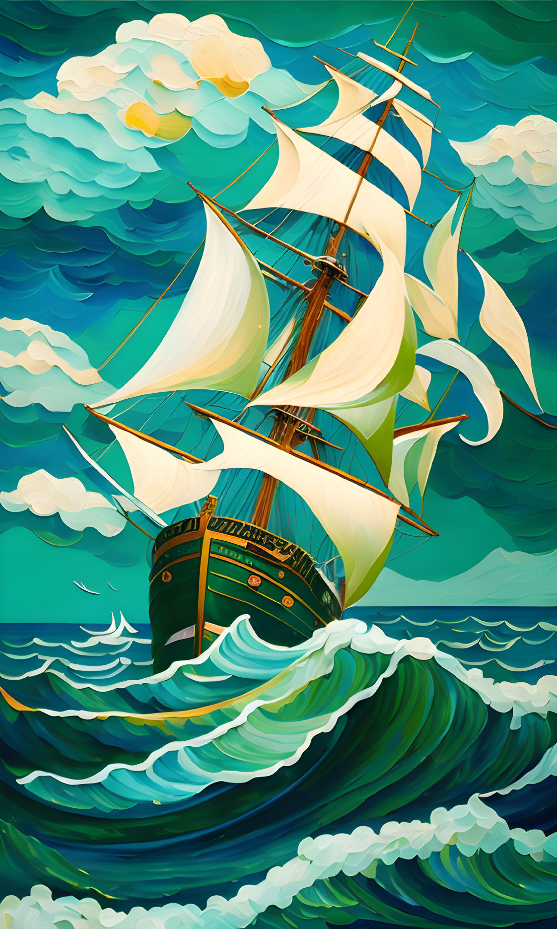 Colorful tall ship sailing on teal waves under yellow clouds