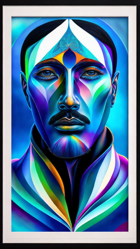 Colorful Neon Spectrum Portrait of a Man in White and Blue Borders