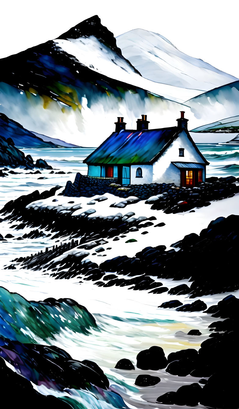 Scenic illustration: Cozy cottage with blue roof by rocky shore