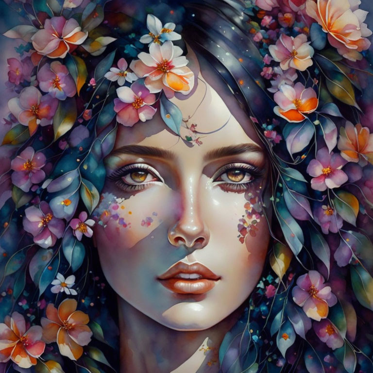 Vibrant floral adorned woman's face in digital painting