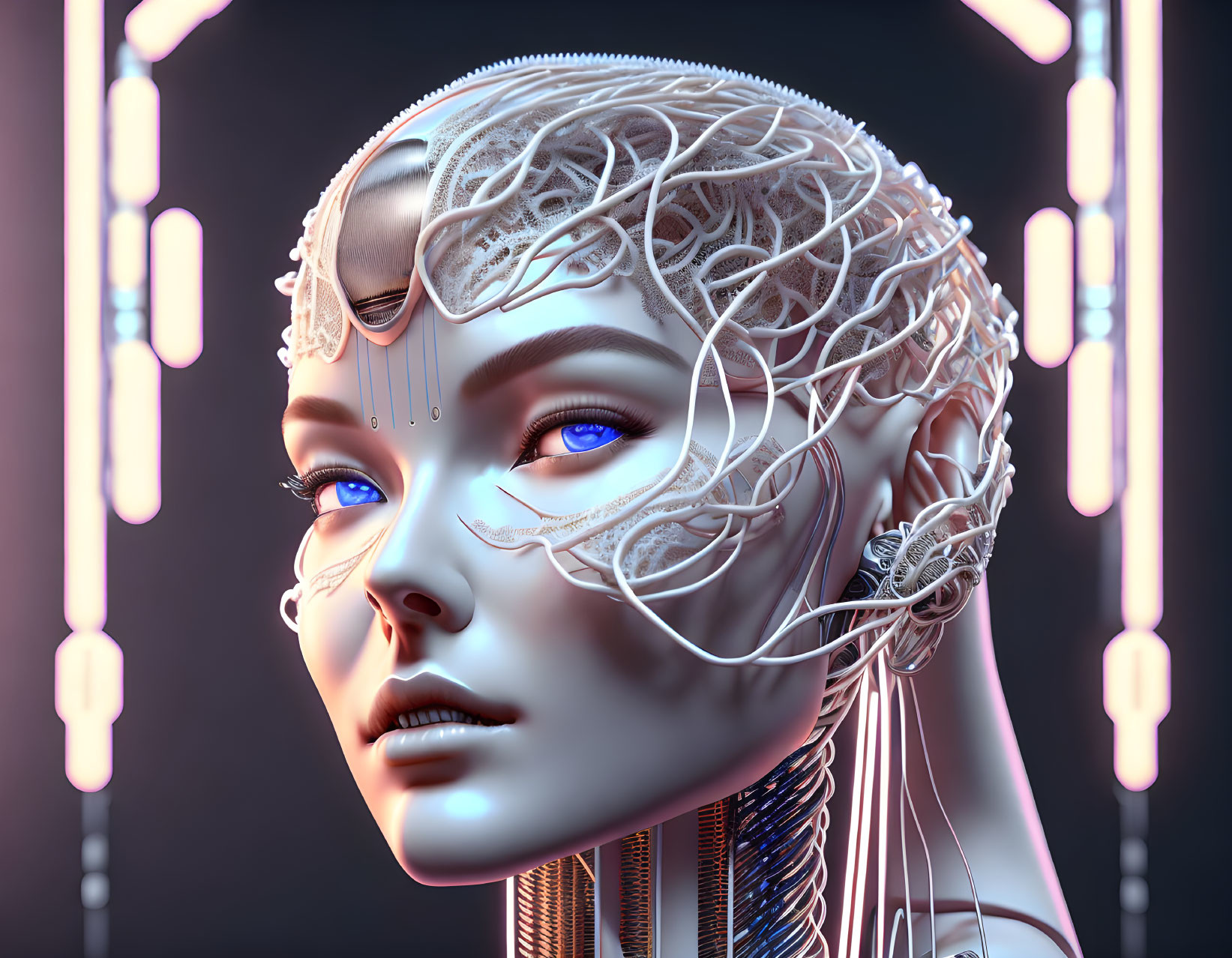 Detailed digital art of female android with white circuitry, blue eyes, against dark backdrop.