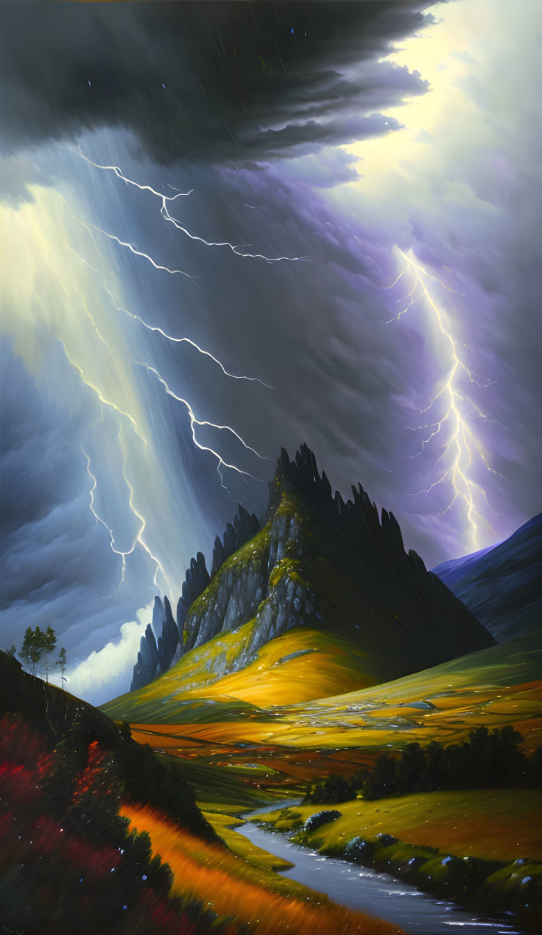 Vibrant landscape painting: lightning storm over mountain range