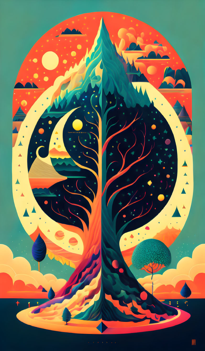 Split day-night tree illustration on circular backdrop with celestial theme