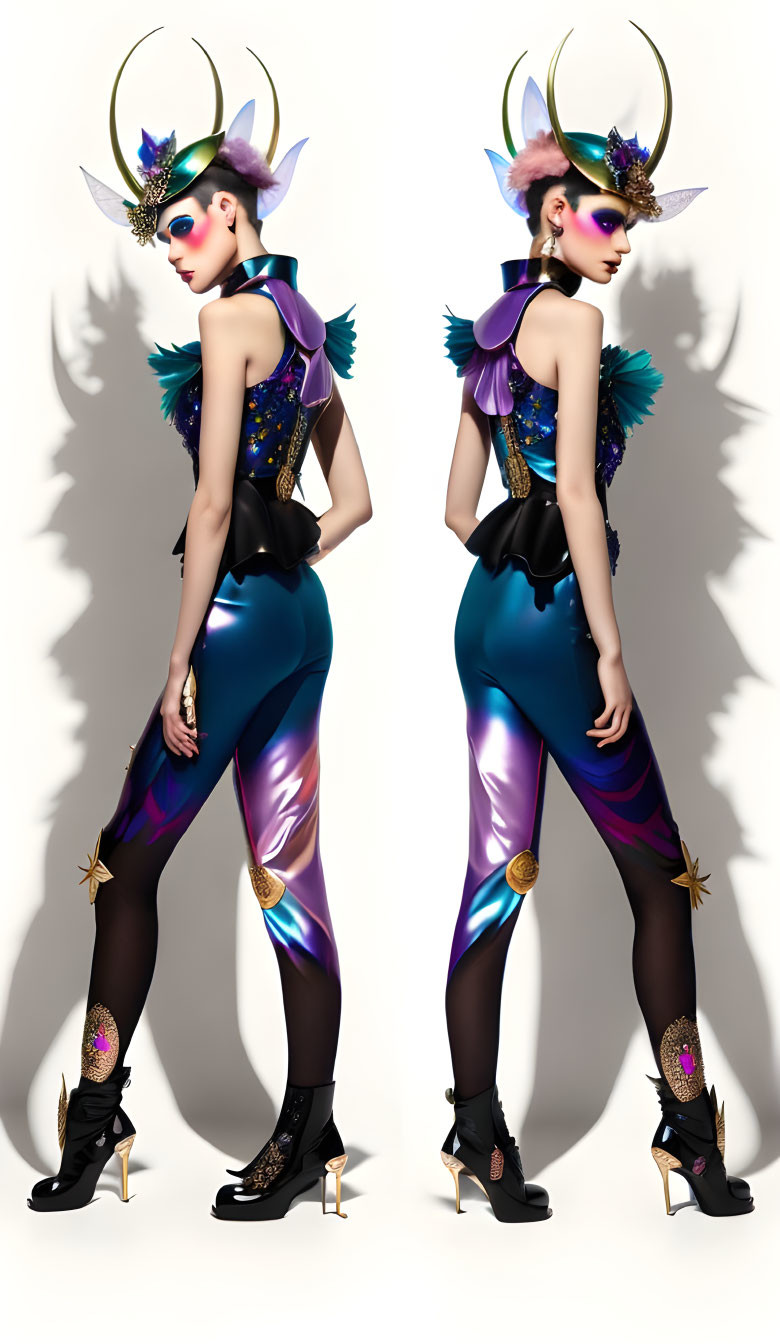 Stylized costume with iridescent leggings and dramatic headpiece.