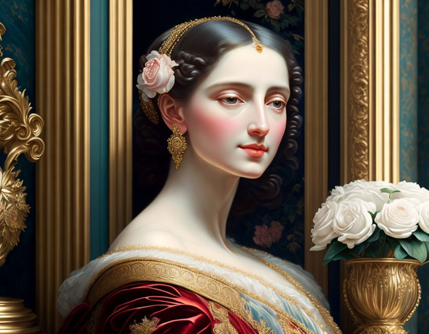 Classical portrait of woman with pale complexion and elegant attire surrounded by white roses