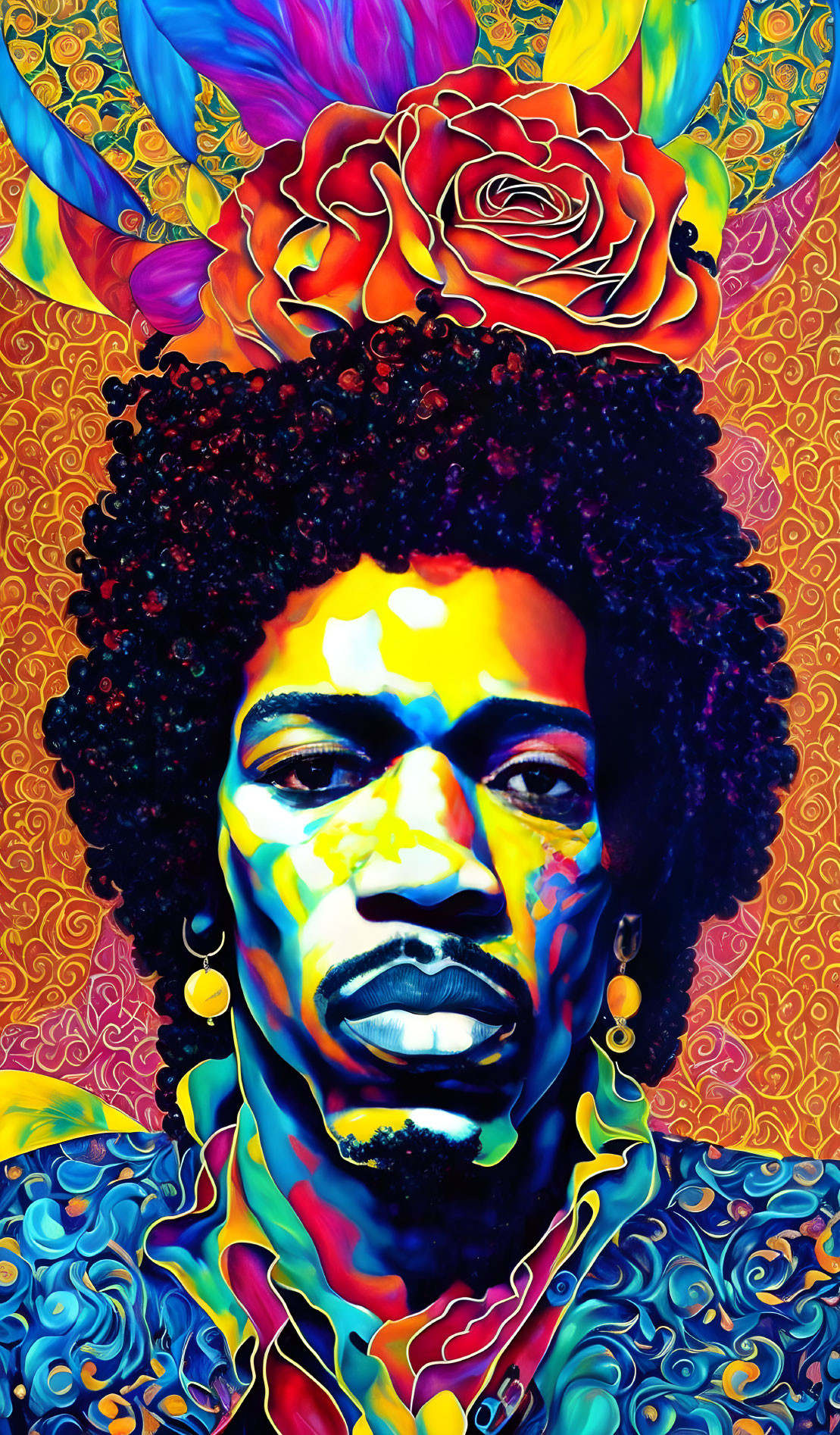 Colorful Afro Portrait with Psychedelic Background and Symbolic Elements