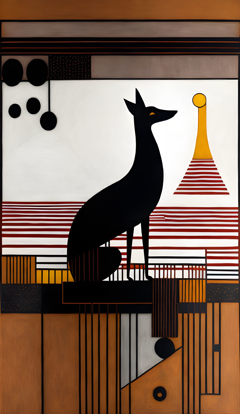 Geometric Black Dog Artwork on Striped Background in Wood Tones