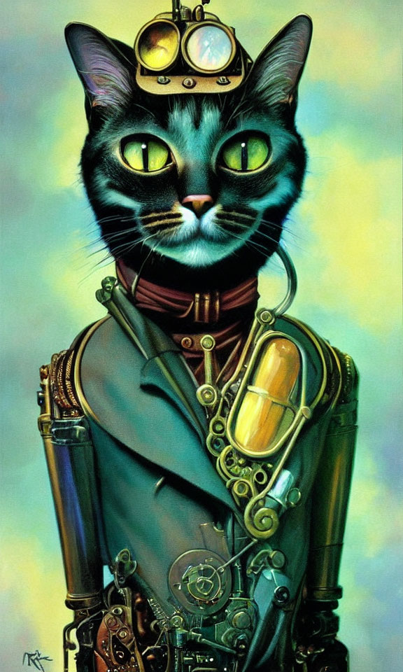 Steampunk cat with goggles and brass gear attire