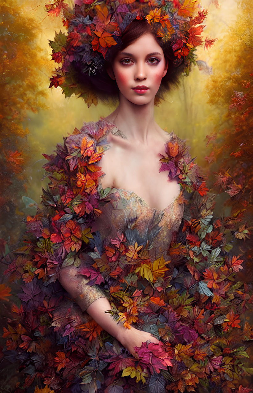 Woman in Autumn Leaf Dress Against Golden Backdrop