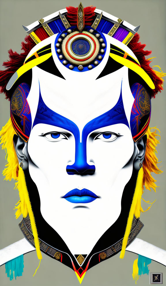 Colorful face with blue and white makeup and yellow feather headdress.