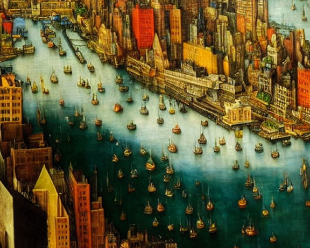 Vivid painting of New York City with old sailing ships and modern skyscrapers