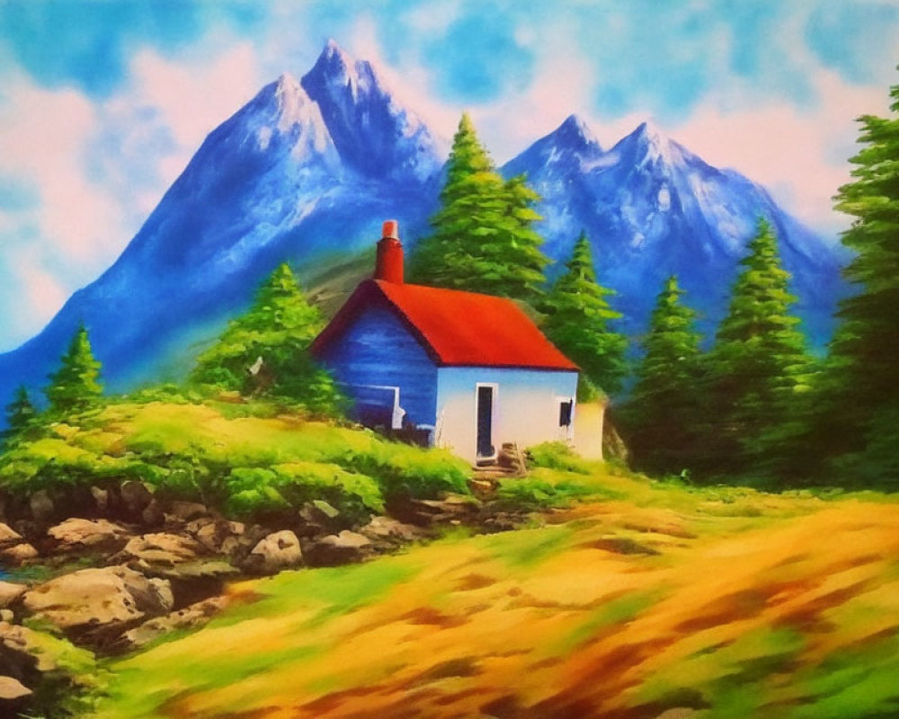 Blue and White House with Red Roof in Mountain Landscape