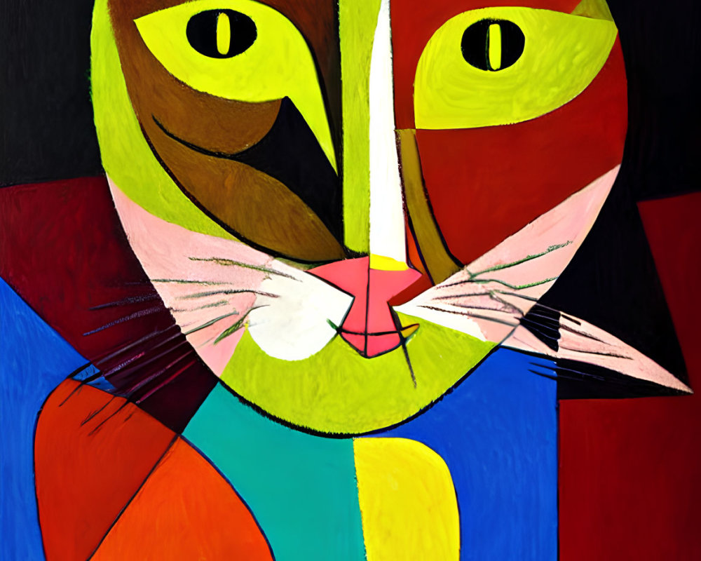 Vibrant abstract painting of stylized cat's face with geometric shapes