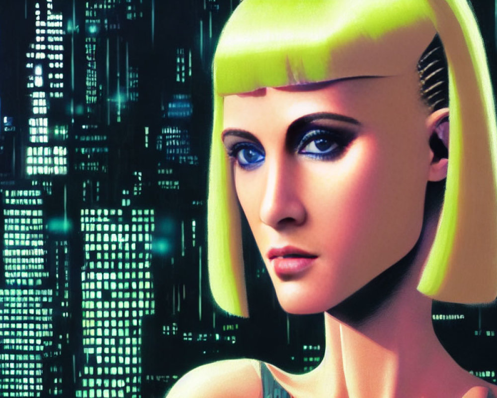 Digitally created female figure with green bob-cut hair in cyber binary backdrop.