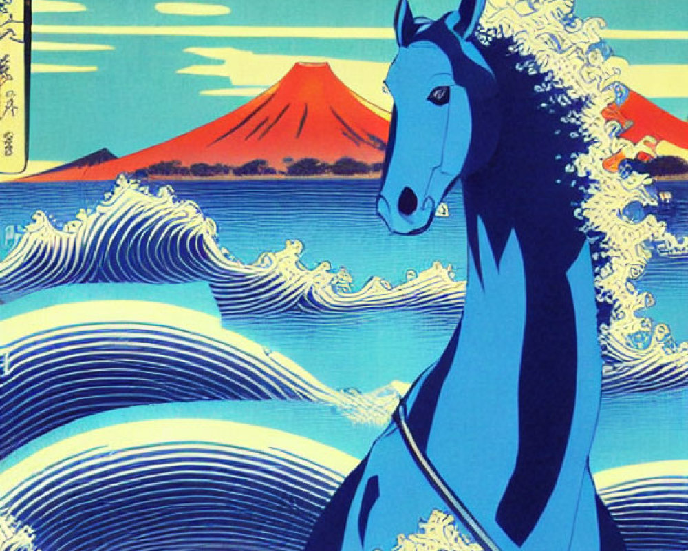 Stylized horse with Japanese wave patterns and Mount Fuji in ukiyo-e style