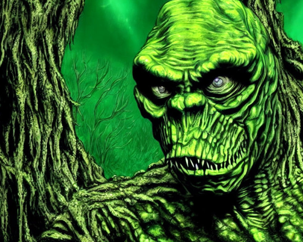 Menacing green monster with wrinkles in forest scene