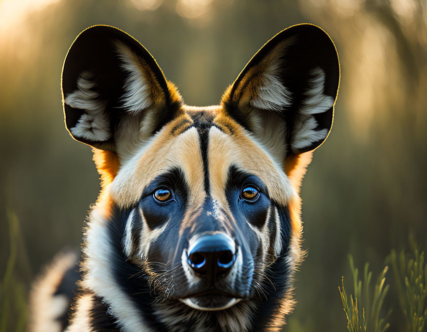 Multicolored African wild dog with large ears in warm sunset light