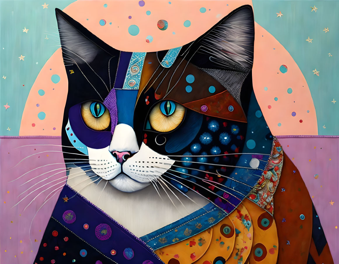 Vibrant cat artwork with patchwork patterns and cosmic elements