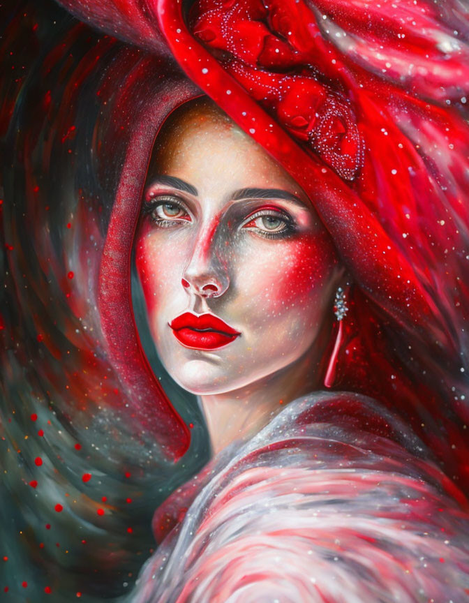 Portrait of Woman in Vibrant Red Hood with Piercing Eyes