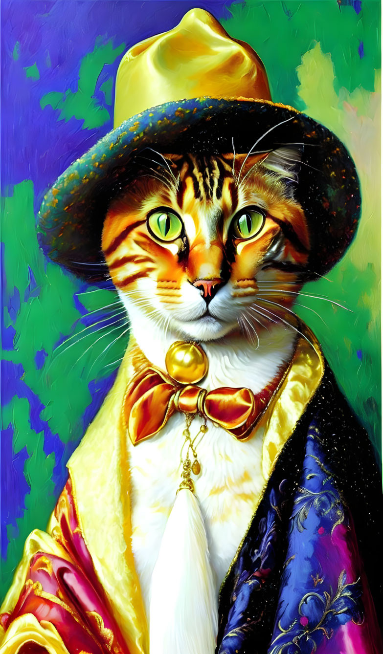 Colorful Artwork: Aristocratic Cat in Yellow Hat & Bow Tie