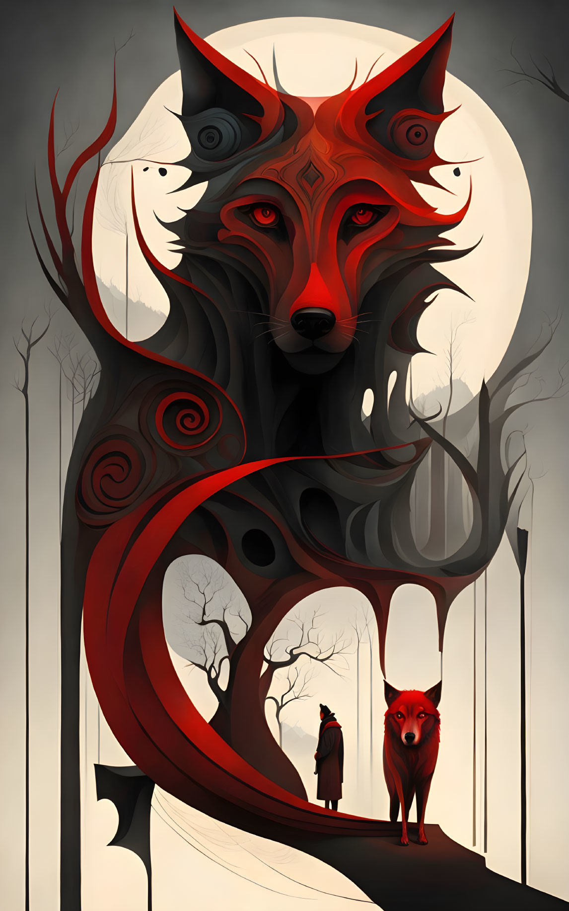 Large red and black fox with real fox and human figure in monochrome forest setting