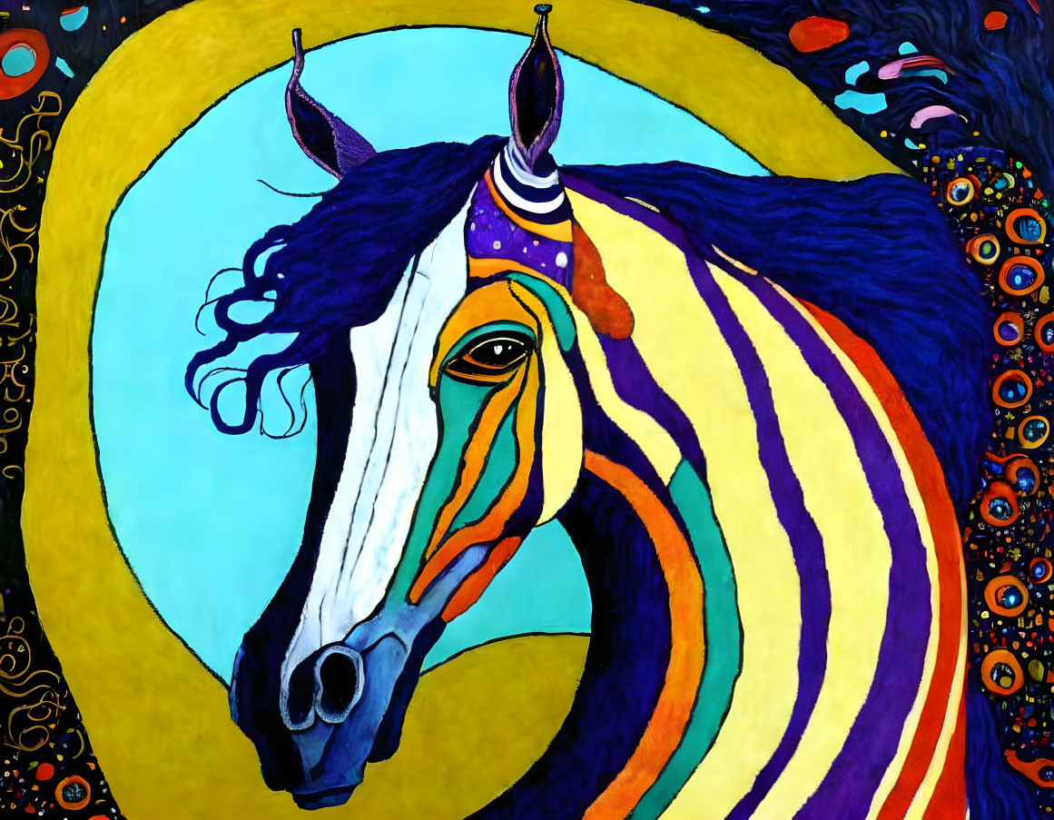 Vibrant abstract art of striped horse on celestial backdrop