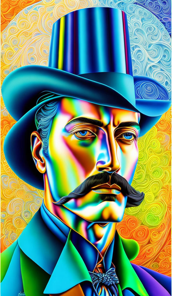 Colorful portrait of a man with top hat and mustache on swirling background