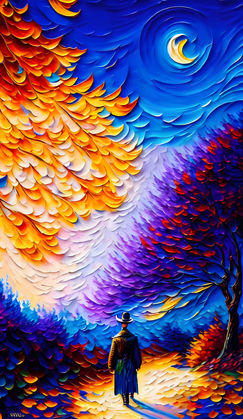 Colorful painting of person in hat and coat amid swirling landscape