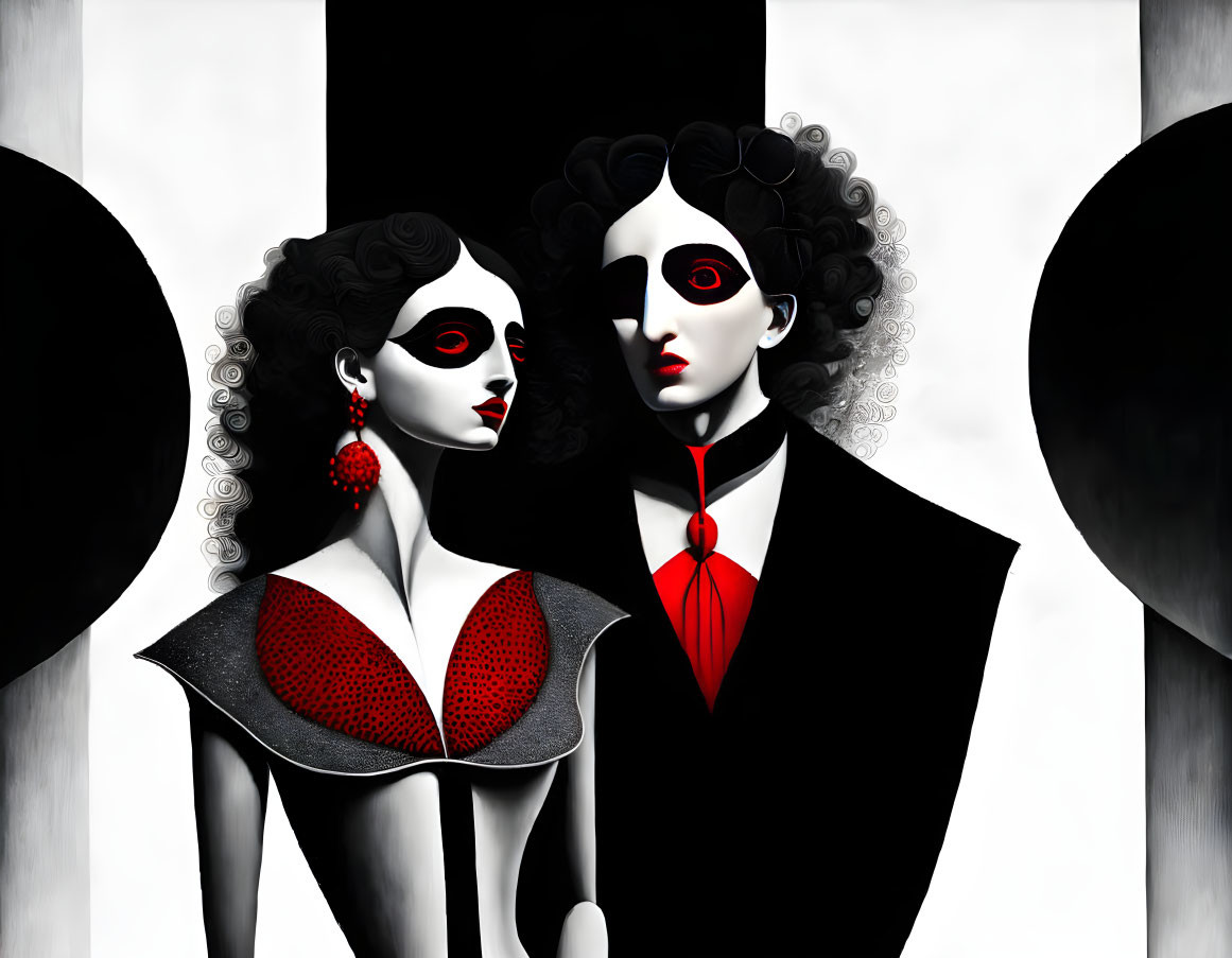 Male and female figure in stylized illustration with exaggerated features and red-black-white color scheme against striped background