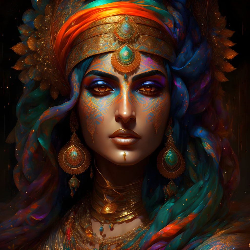 Vibrant portrait of woman with blue skin and golden jewelry