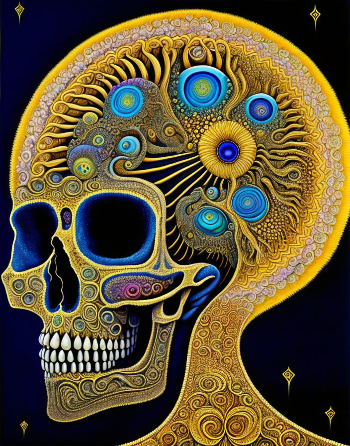 Colorful Psychedelic Skull Illustration with Swirling Designs