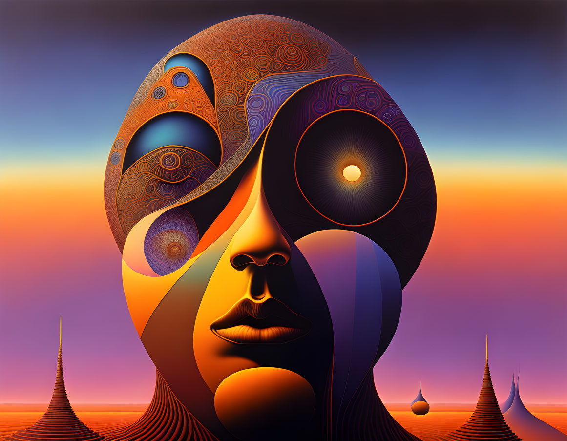 Colorful surreal artwork: Face with swirling patterns, yin-yang eyes, pointed structures, gradient