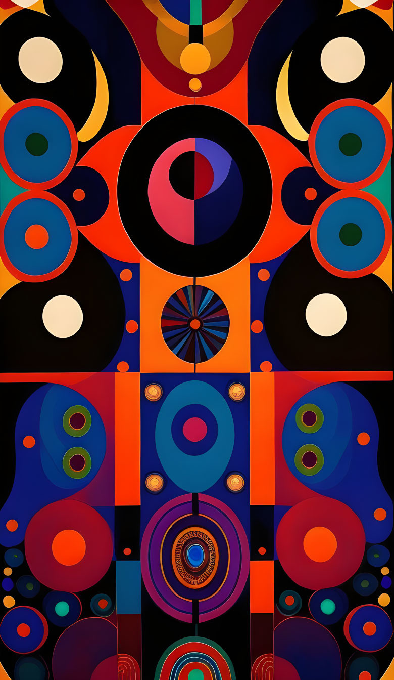 Symmetrical Composition of Colorful Circles, Rings, and Dots in Dark Palette