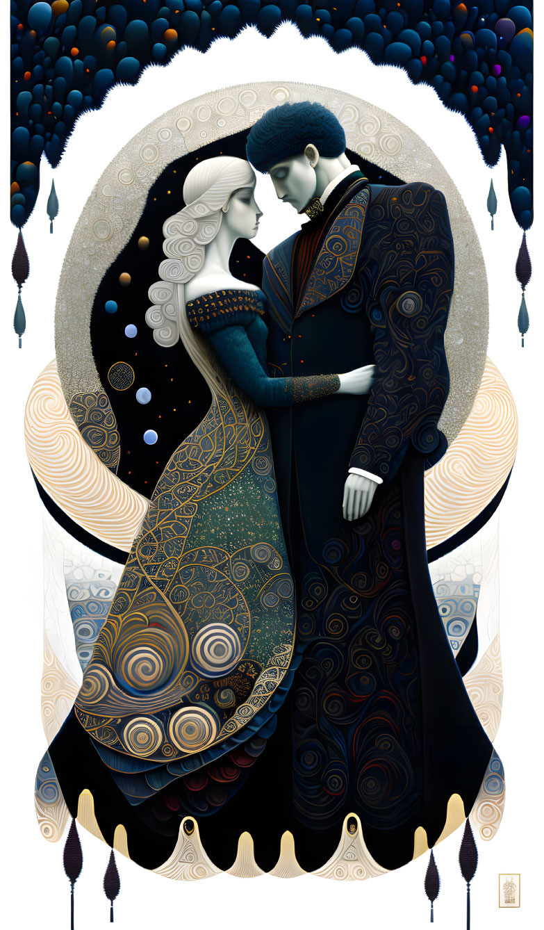 Ornate celestial-themed embracing couple in decorative night sky art