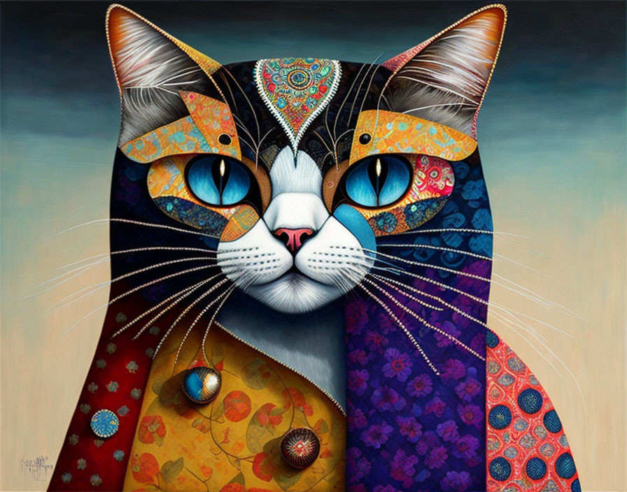 Vibrant cat illustration with intricate patterns and big blue eyes