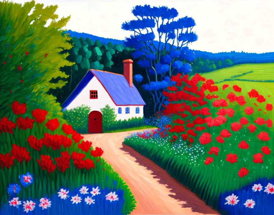 Vibrant painting of white cottage, red door, poppies & lush landscape