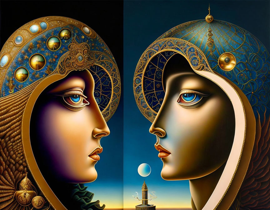 Ornate headdress profile art with lighthouse and moon