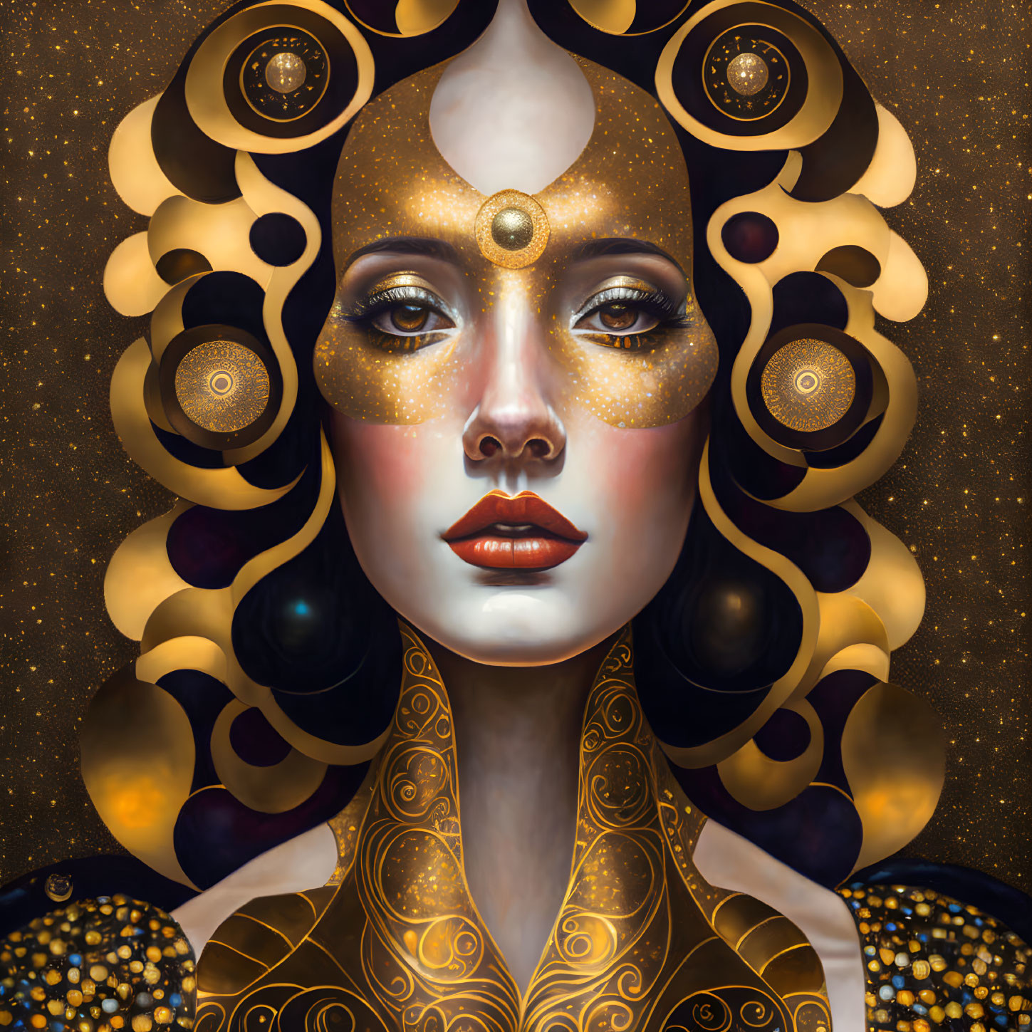 Celestial-themed woman portrait with golden star motif