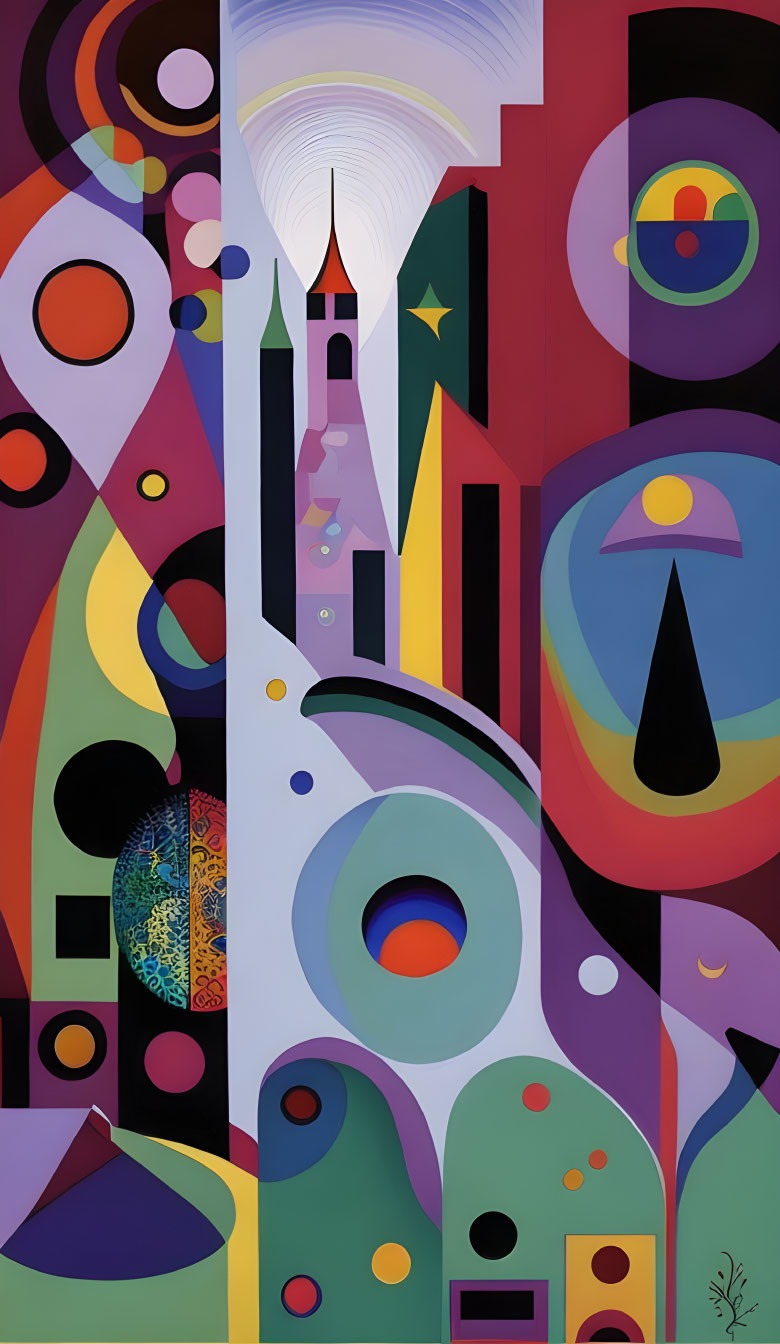 Vivid Abstract Painting with Tower-Like Structure & Geometric Shapes