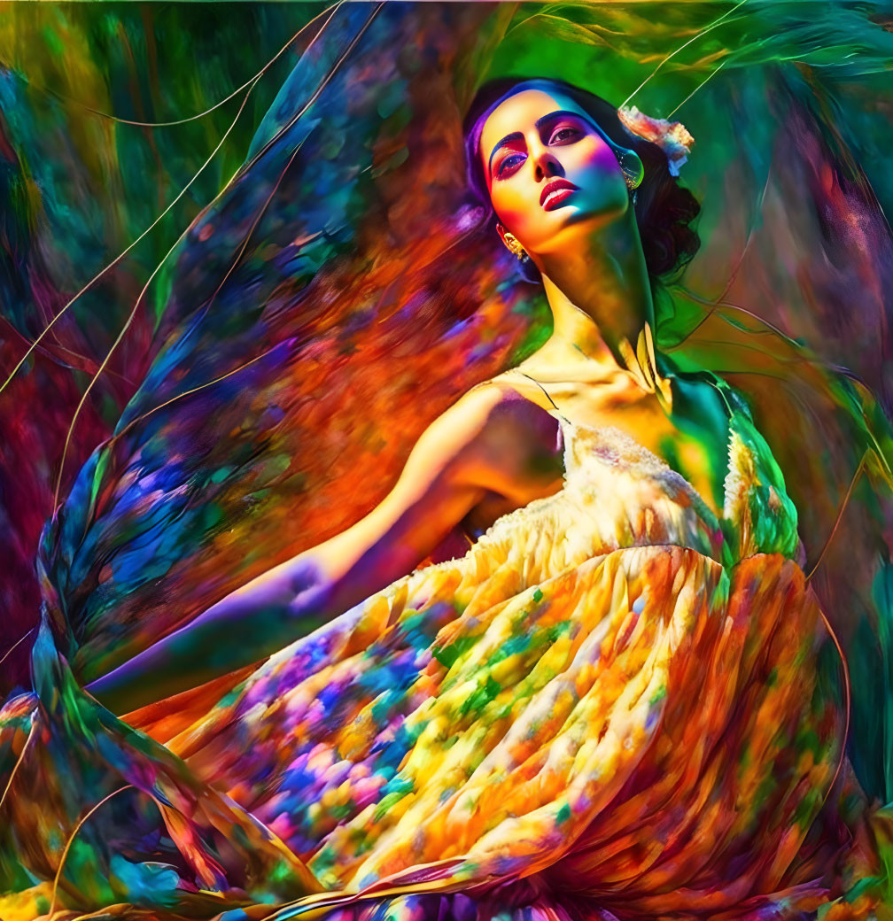 Colorful Abstract Portrait of Woman with Swirling Patterns in Blue, Orange, and Green