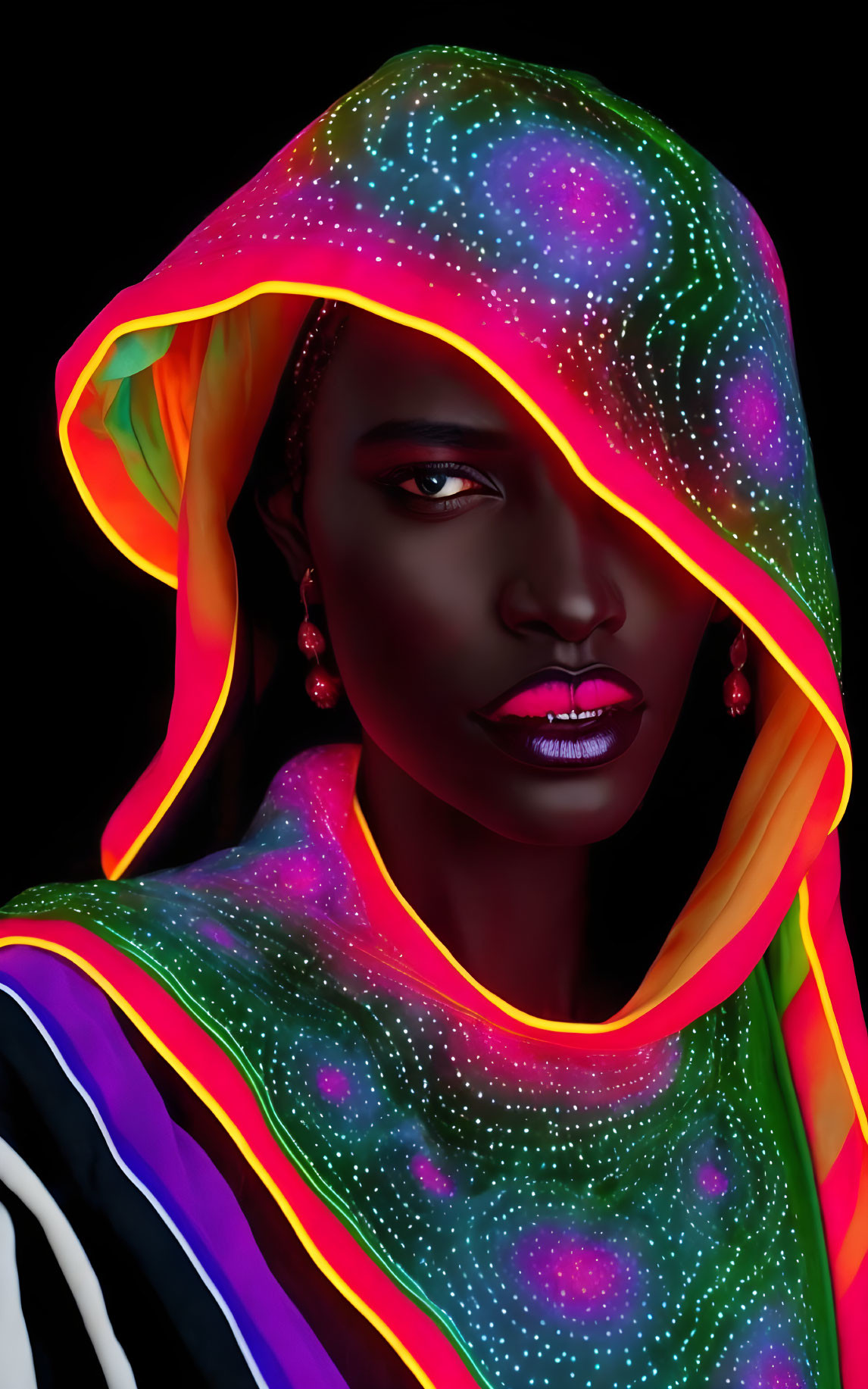 Portrait of person with dark skin in neon starry cloak on black background