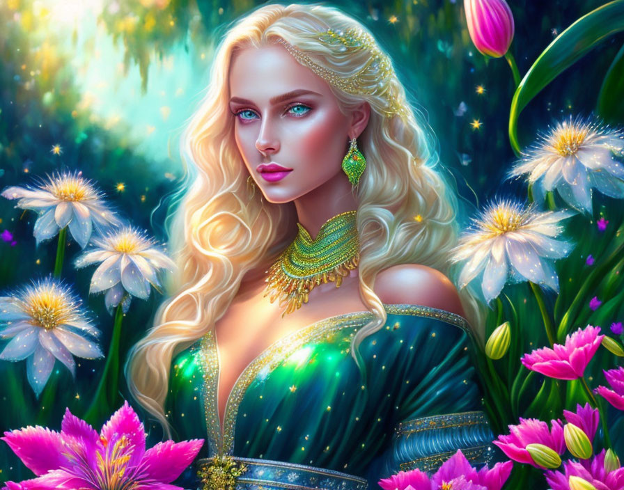 Blond Woman Surrounded by Glowing Flowers in Green Dress