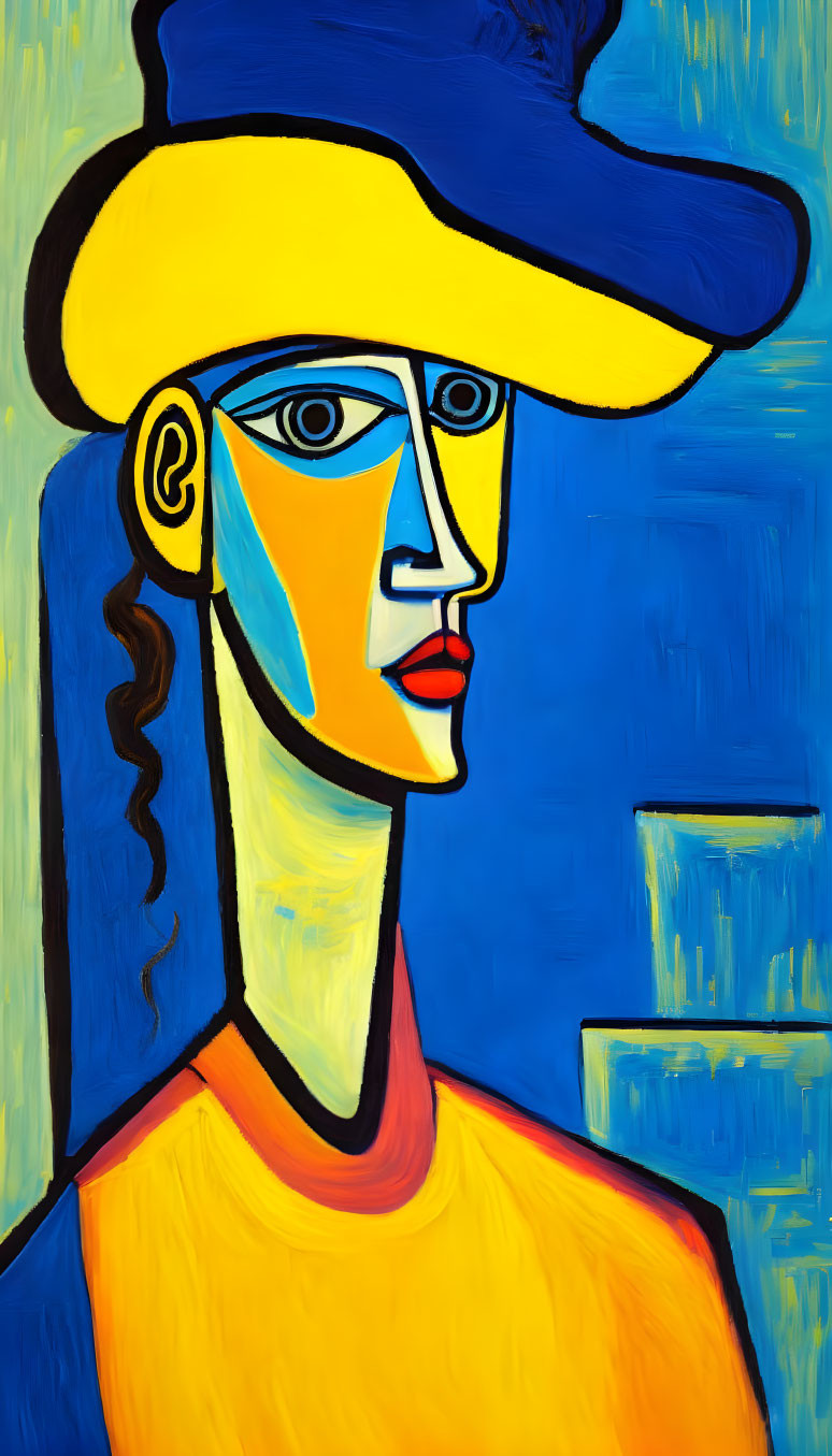 Abstract painting of figure with stylized face in bold yellow, blue, and red colors on blue background