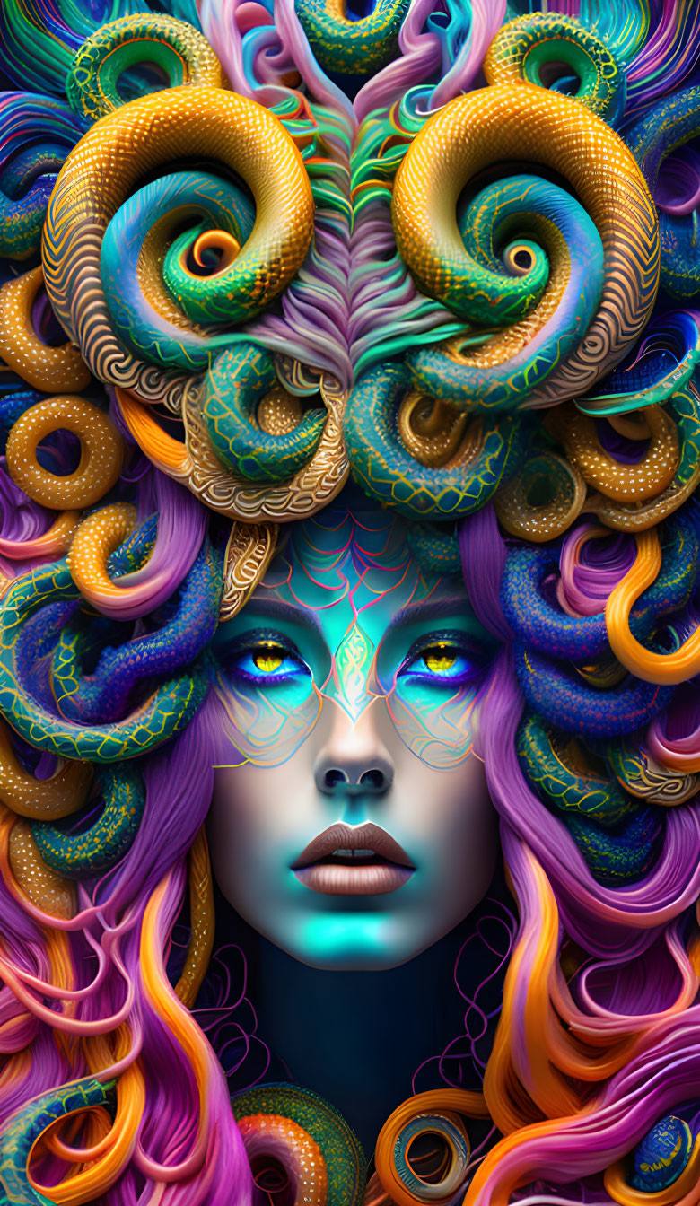 Colorful digital artwork: Woman with purple hair, blue skin, and intricate golden serpent headdress.