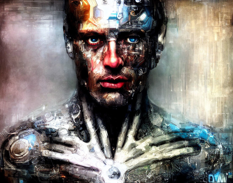 Digital art of human face with blue eyes and cybernetic enhancements